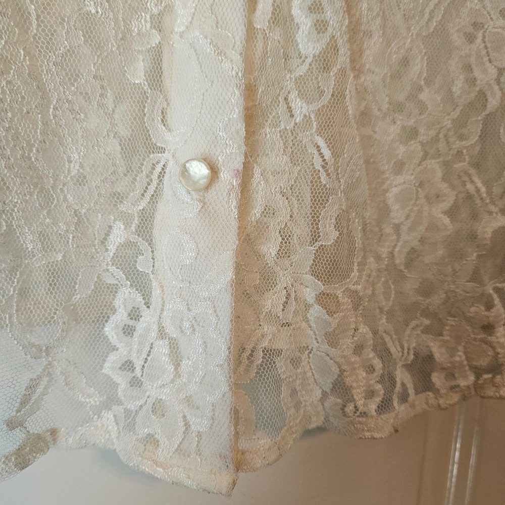 Vintage White Sheer Floral Lace Button Down Large Shirt Top Wedding Delicate - Picture 4 of 11